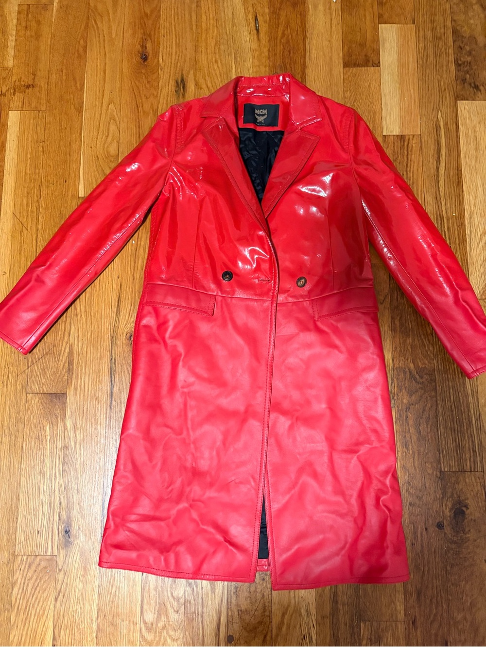MCM Red Faux Leather Double-Breasted Coat